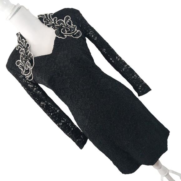 BETSY & ADAM! ULTRA GLAM BLACK STRETCH LACE, ORNATE SEQUINNED BODICE DRESS! SZ M - Picture 1 of 8